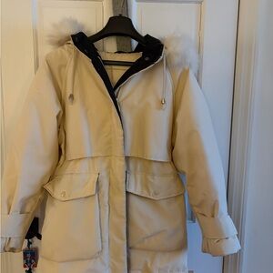 Cream Hooded Parka with Faux Fur Trim